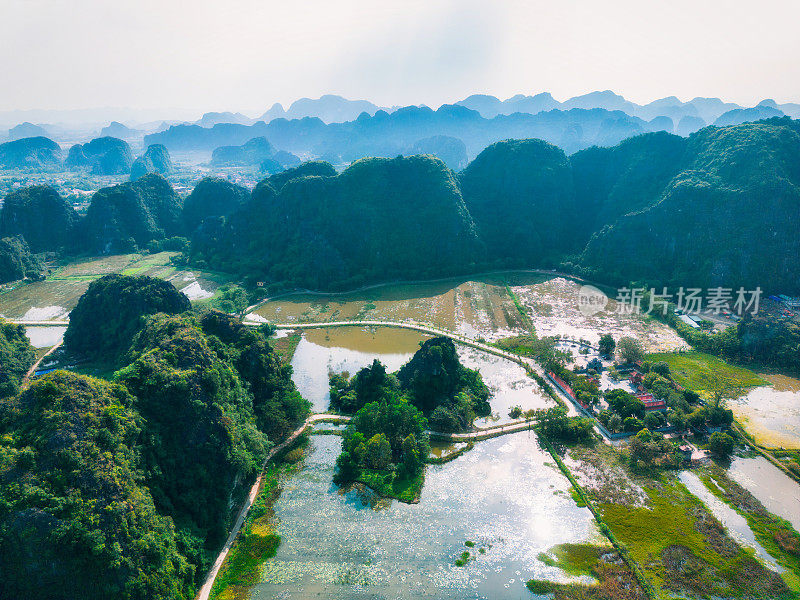 越南宁平区tam coc美丽景观的无人机视图